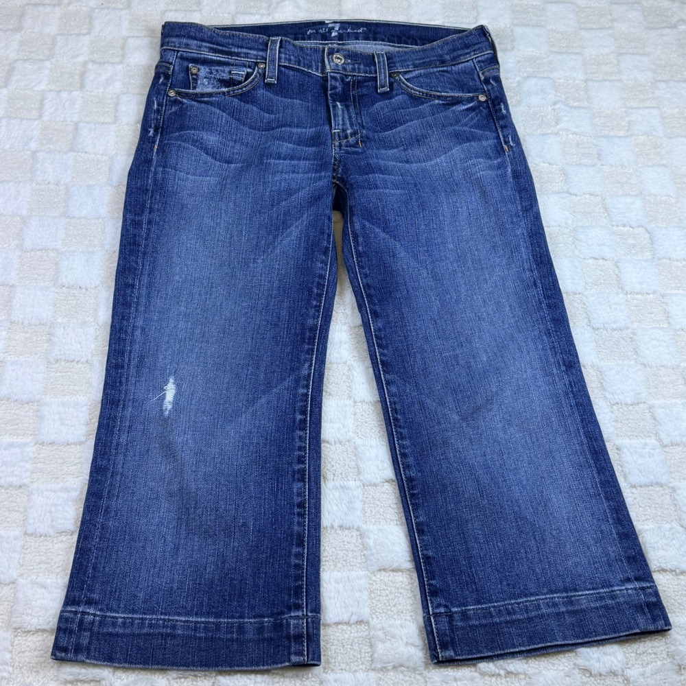 7 For All Mankind Dojo Crop Jeans Dark Wash Distressed Wide Leg Denim Size 29